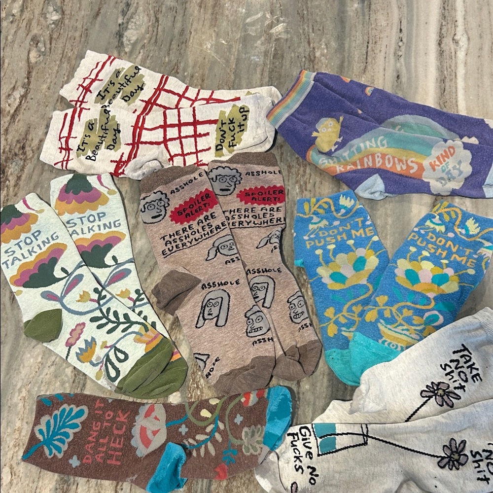 Colorful funny Graphic Socks Collection Blue Q socks used 7 pairs